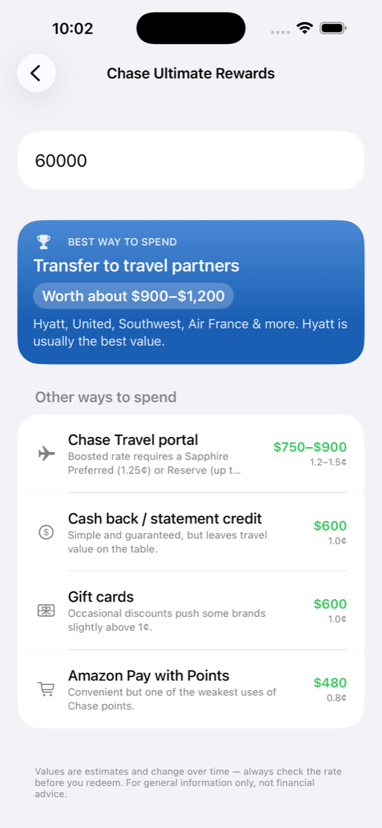 PointsWorth screen comparing ways to redeem travel reward points