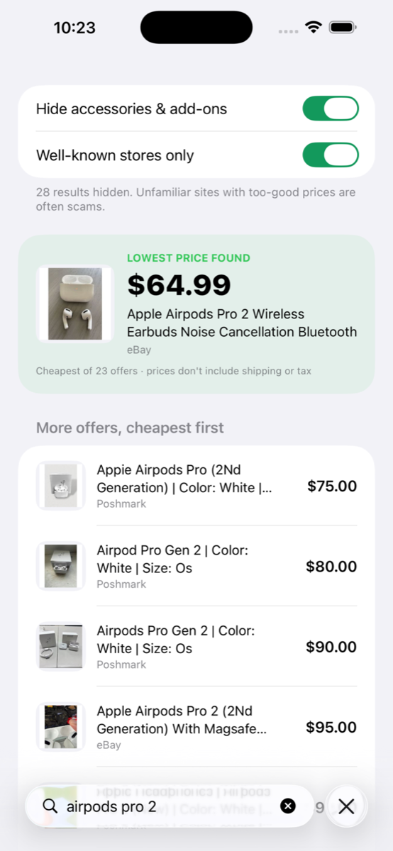 PriceScout screen comparing prices across shopping offers