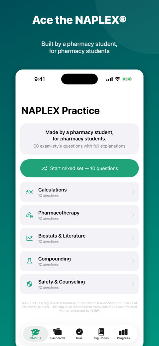 RxAce NAPLEX practice screen showing pharmacy study categories