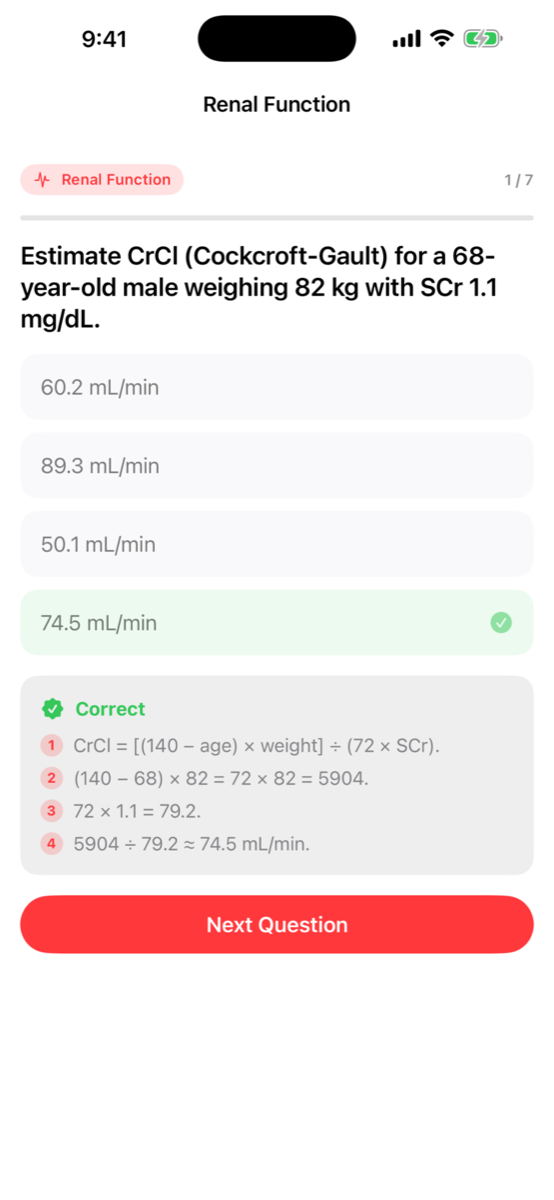 RxCalc pharmacy math question with a worked step-by-step solution
