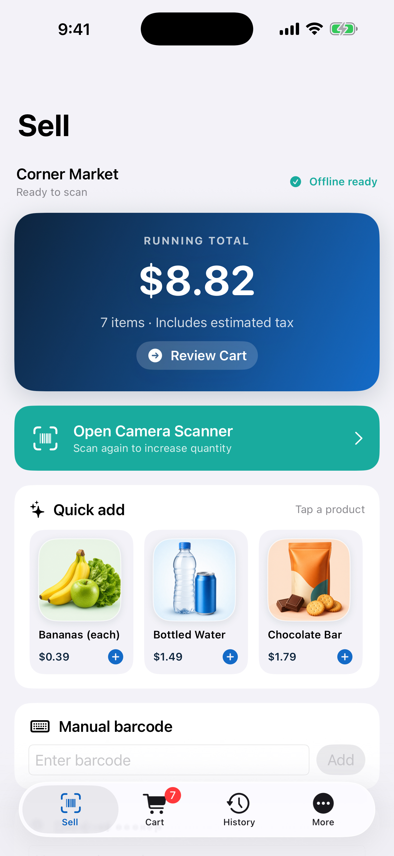 Store Scan and Total screen showing an offline running total and product quick-add controls